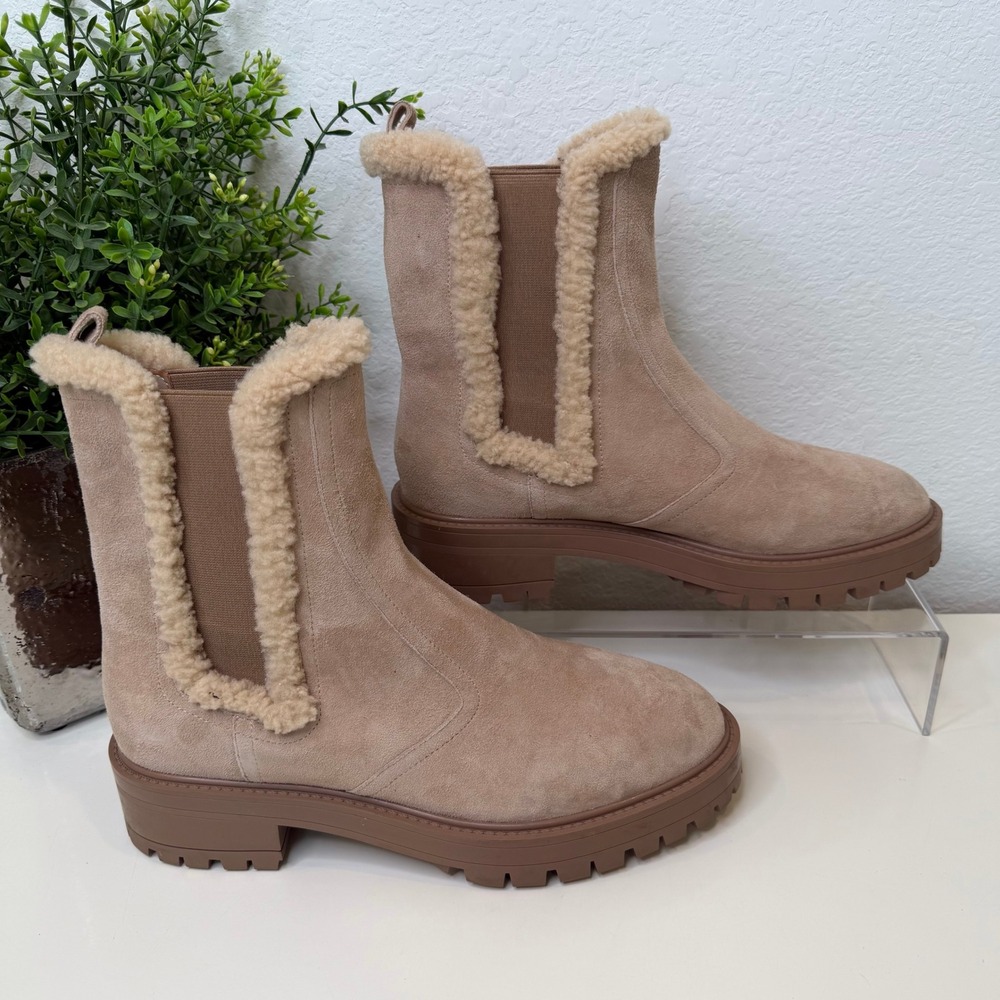 PAIGE Bowie Ankle Boots Tan Suede Faux Fur Trim Lug Sole Gorpcore 10.5 ($398)